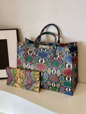 2pcs Large Capacity Python Patterned Tote Combination Bag