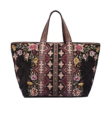 3J Workshop Johnny Was Embroidered Velvet Quilted Tote Bag black NEW