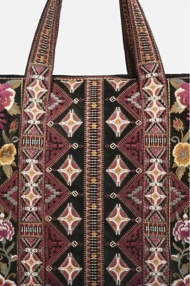 3J Workshop Johnny Was Embroidered Velvet Quilted Tote Bag black NEW