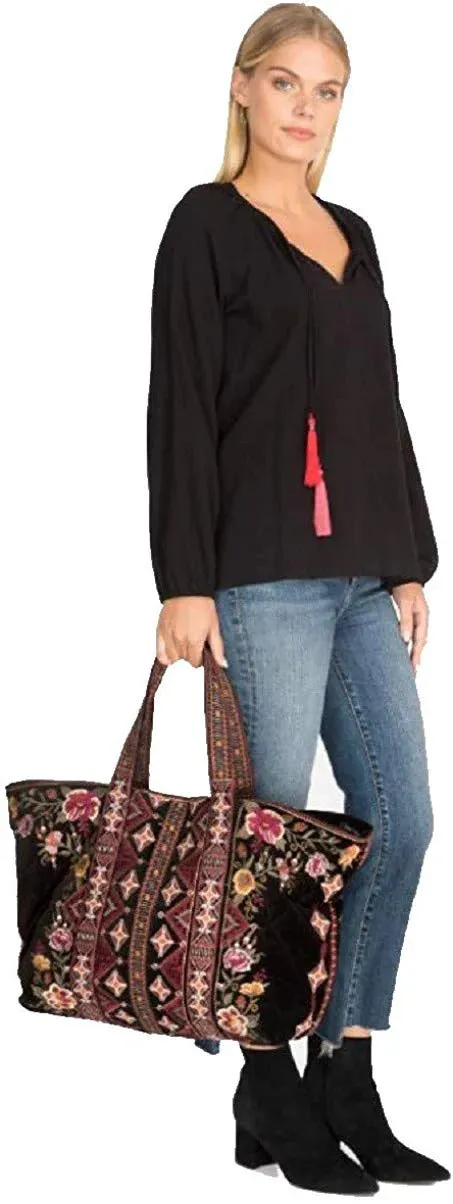 3J Workshop Johnny Was Embroidered Velvet Quilted Tote Bag black NEW