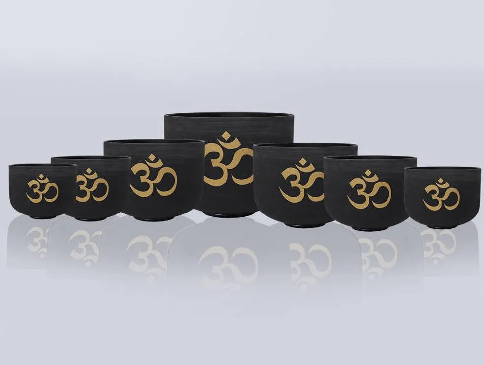6-12 Inch 7pcs Double Black OM Design Frosted Quartz Crystal Singing Bowl Set with FREE Carry Bags
