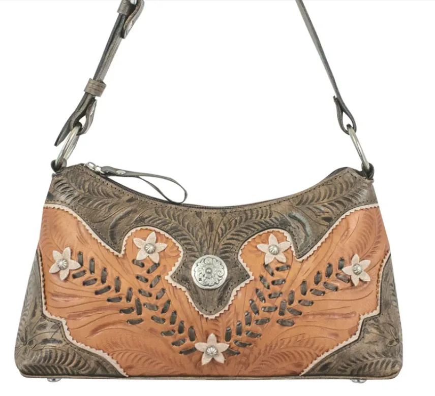 American West Handbag Desert Wildflower Collection: Leather Western Zip Top Shoulder Bag