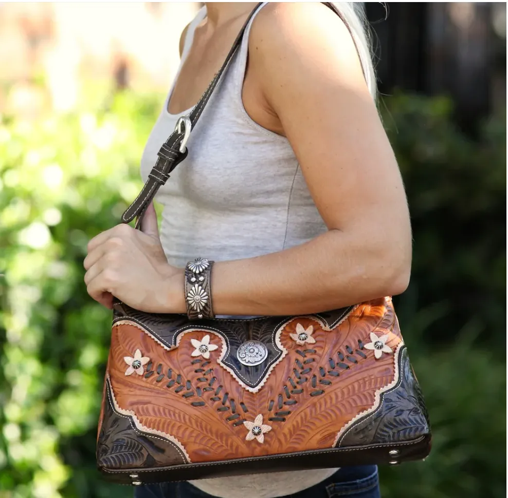 American West Handbag Desert Wildflower Collection: Leather Western Zip Top Shoulder Bag
