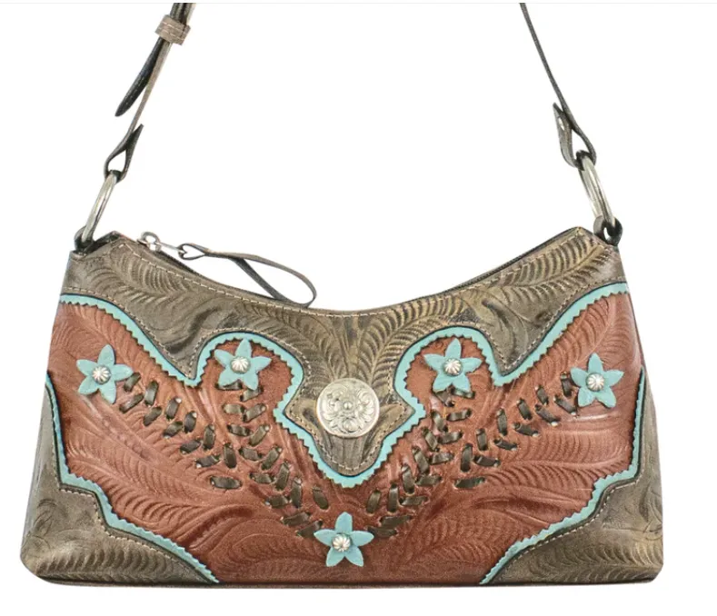 American West Handbag Desert Wildflower Collection: Leather Western Zip Top Shoulder Bag
