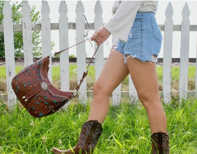 American West Handbag Lady Lace Collection: Leather Western Zip Top Hobo
