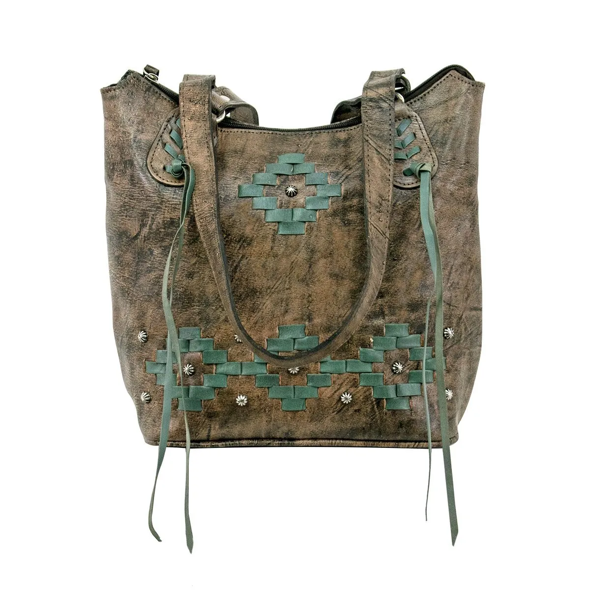 American West Handbag Tribal Weave Collection: Leather Zip Top Bucket Tote