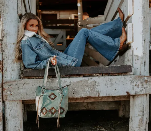 American West Handbag Tribal Weave Collection: Leather Zip Top Bucket Tote