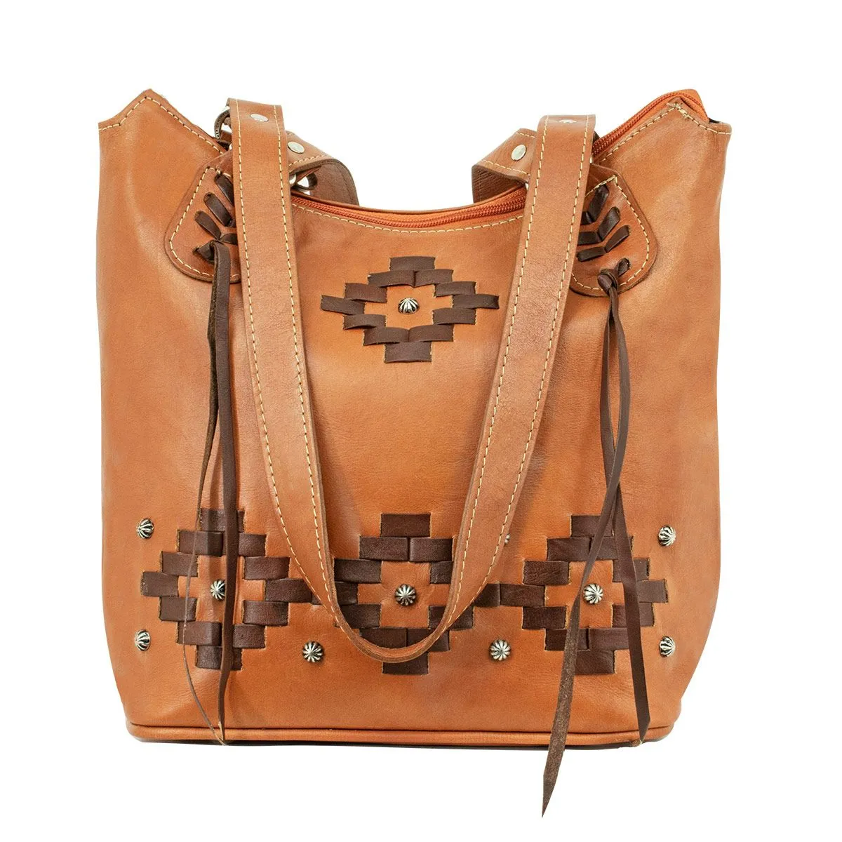 American West Handbag Tribal Weave Collection: Leather Zip Top Bucket Tote