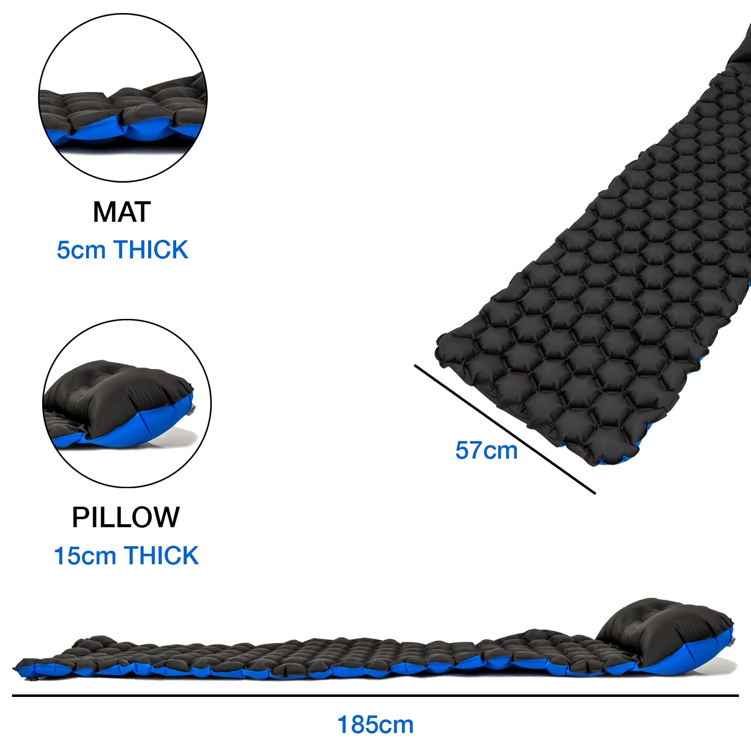 Andes Inflatable Lightweight Camping Hiking Travel Mat with Pillow Black/Blue