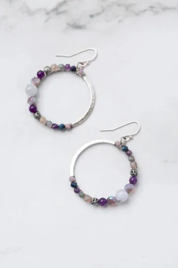 Anne Vaughan Reflections Blue Lace Agate, Amethyst, Crystal Hoop Earrings