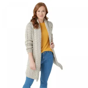 Aran Craft Merino Wool Open Front Cable Knit Cardigan With Pockets