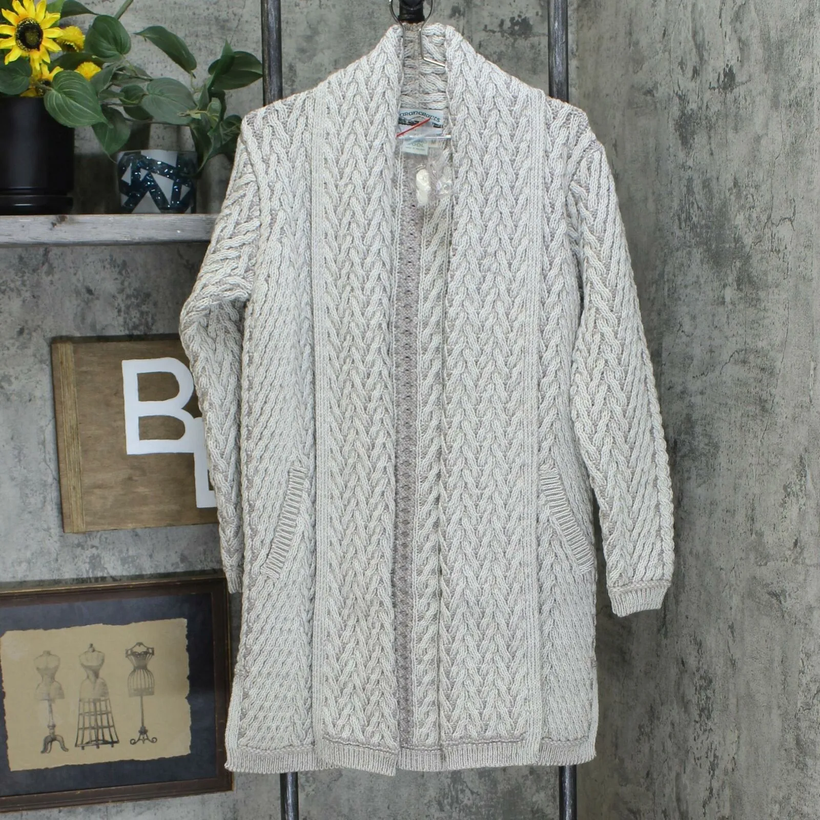 Aran Craft Merino Wool Open Front Cable Knit Cardigan With Pockets