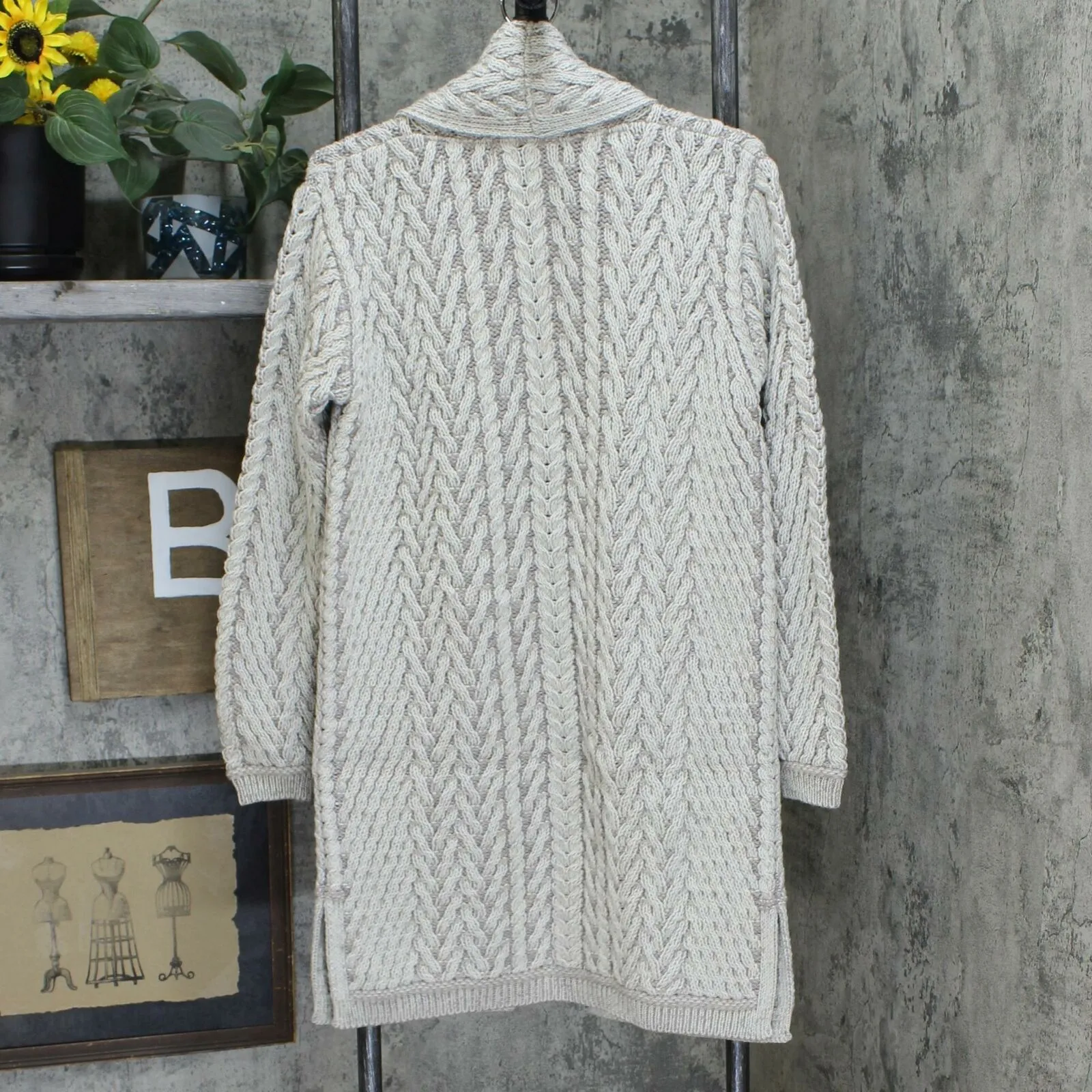 Aran Craft Merino Wool Open Front Cable Knit Cardigan With Pockets