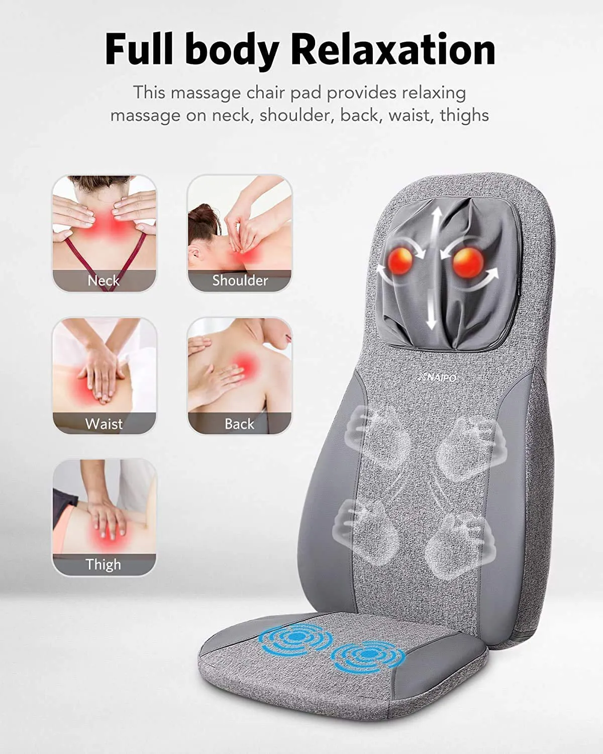 Back & Neck Shiatsu Massager Cushion Pad with Heat, Height Adjustable