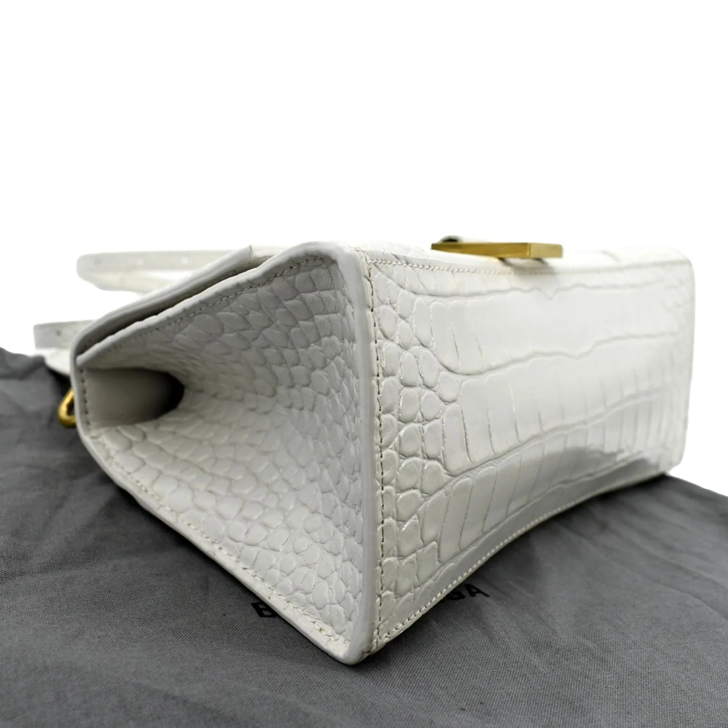 BALENCIAGA Small Hourglass Crocodile Embossed Top Handle Shoulder Bag White