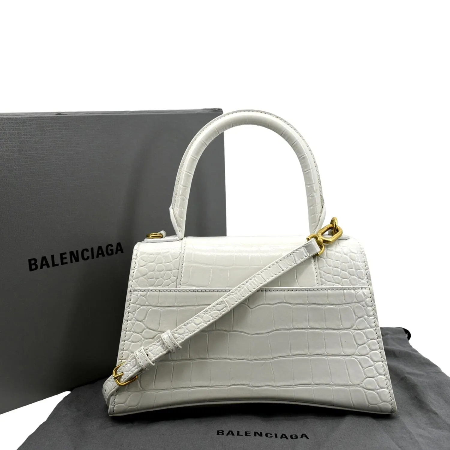 BALENCIAGA Small Hourglass Crocodile Embossed Top Handle Shoulder Bag White
