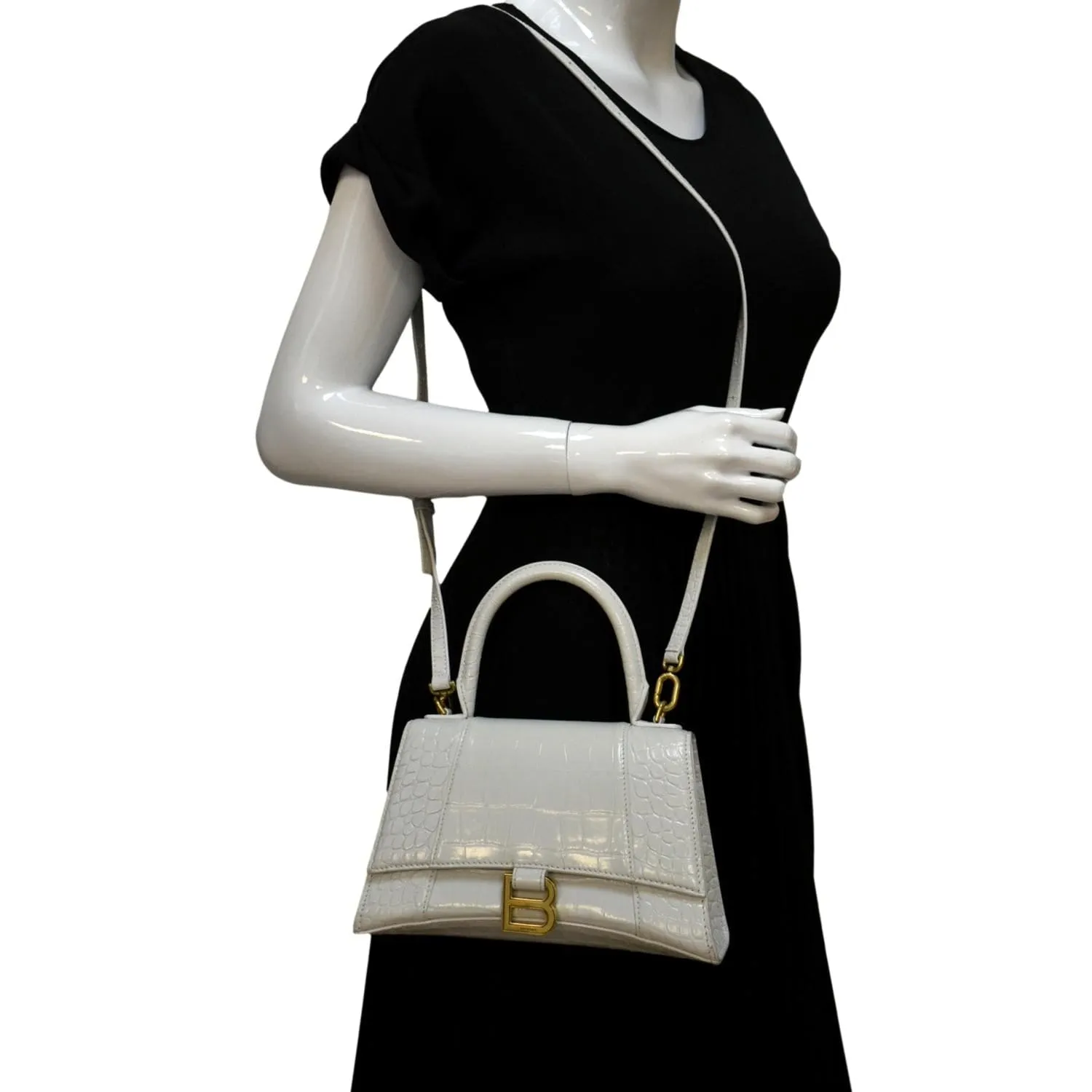 BALENCIAGA Small Hourglass Crocodile Embossed Top Handle Shoulder Bag White