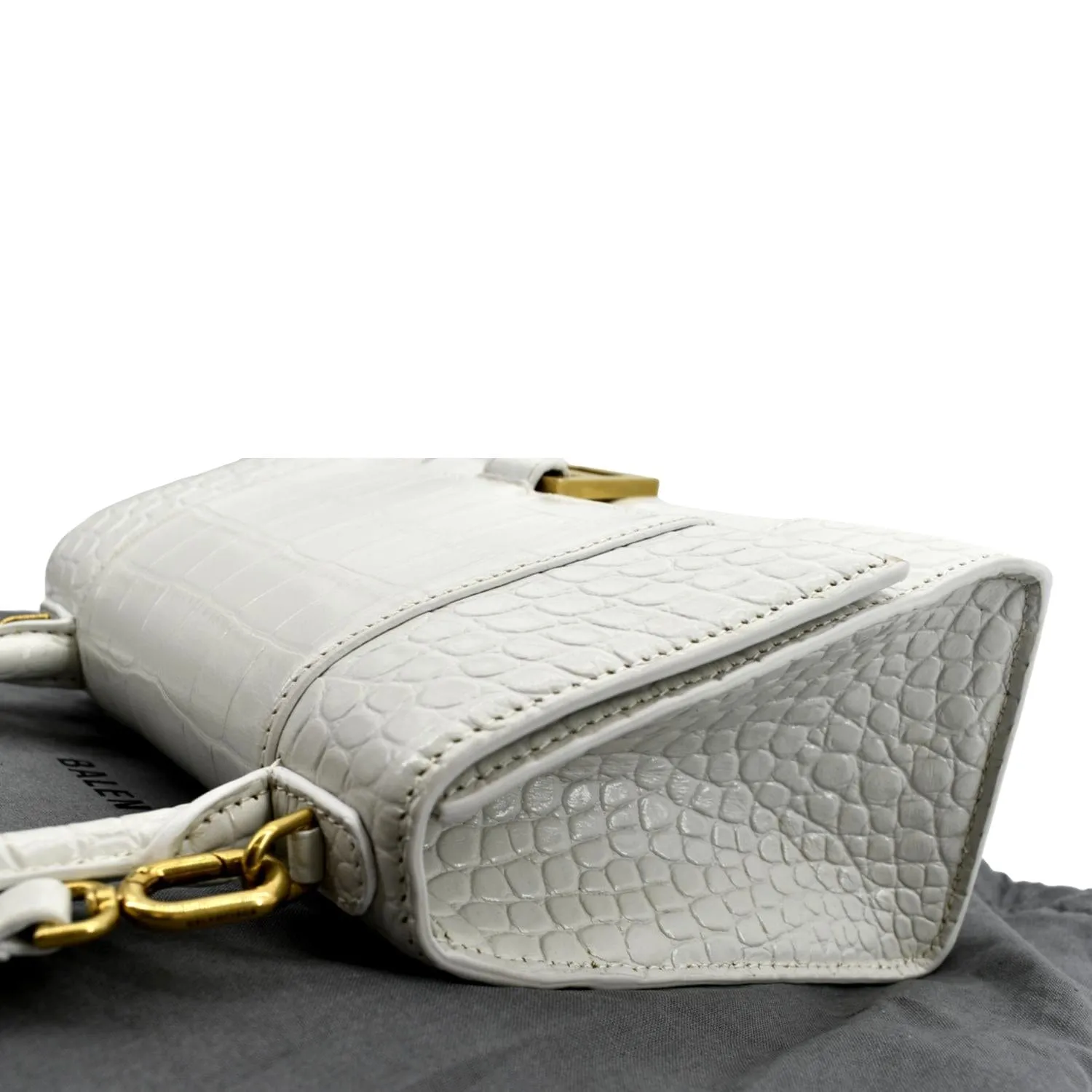 BALENCIAGA Small Hourglass Crocodile Embossed Top Handle Shoulder Bag White