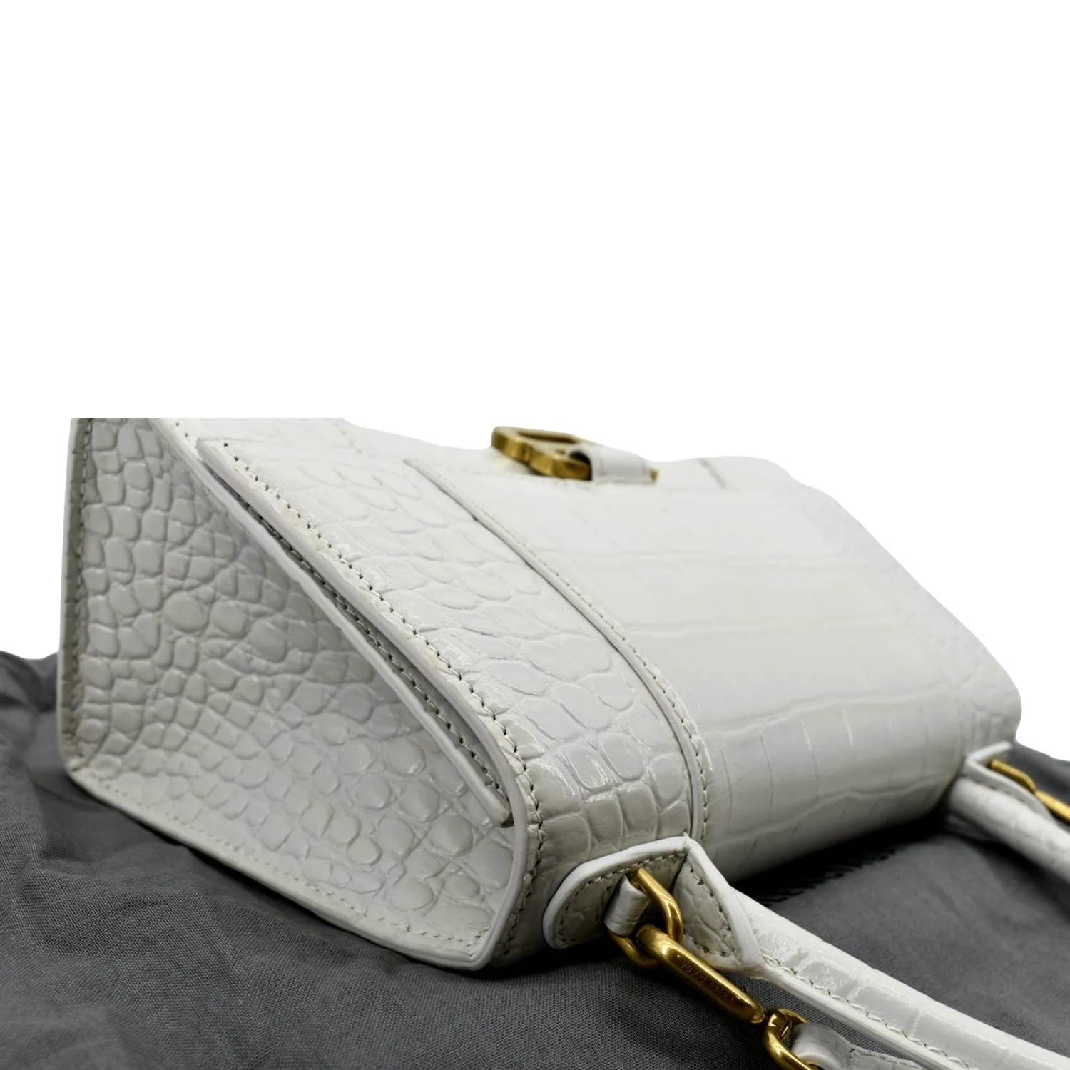 BALENCIAGA Small Hourglass Crocodile Embossed Top Handle Shoulder Bag White