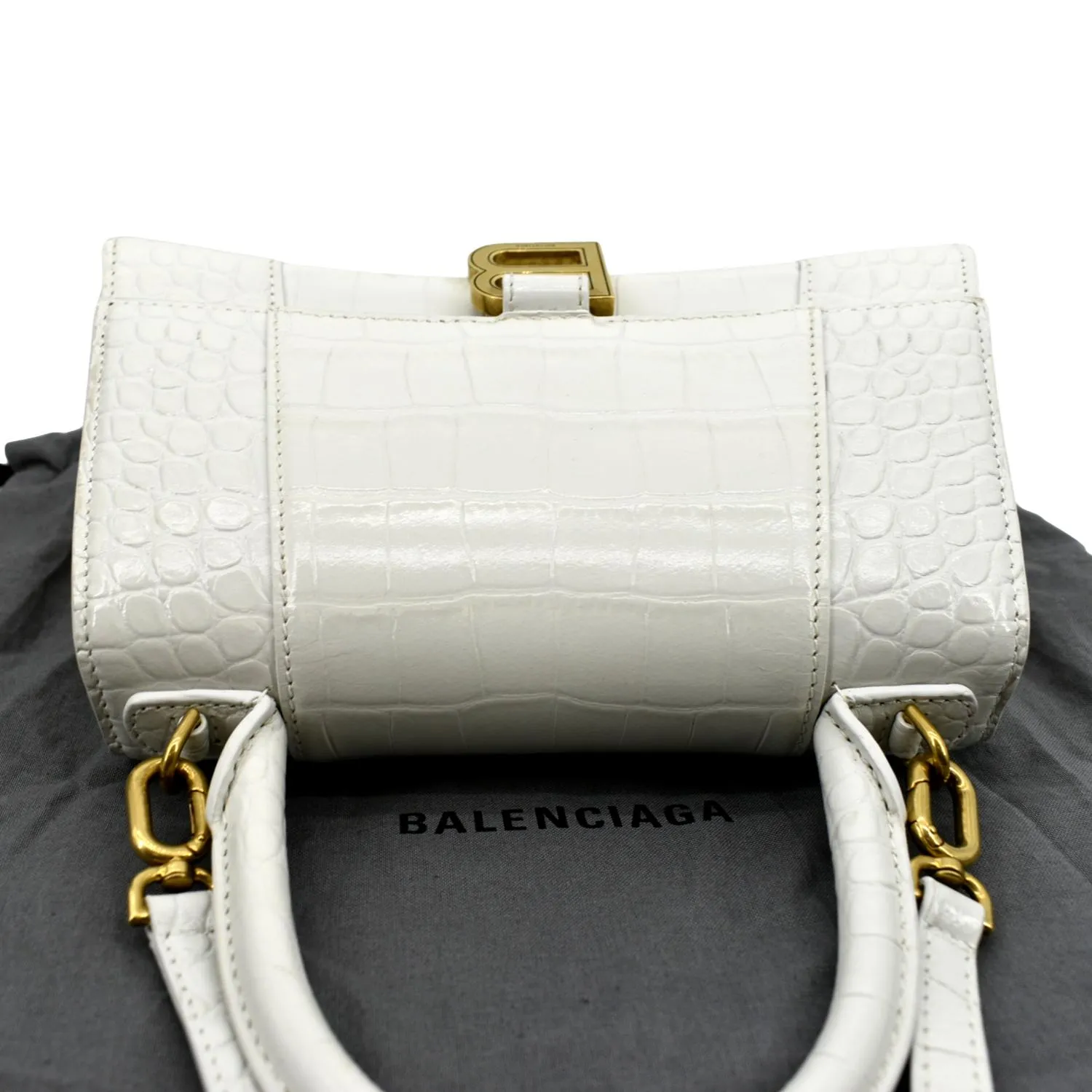 BALENCIAGA Small Hourglass Crocodile Embossed Top Handle Shoulder Bag White