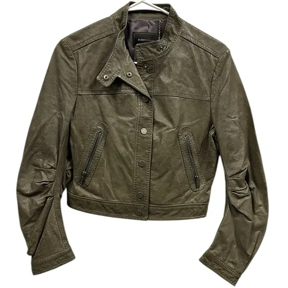 BCBGMaxAzria Genuine Leather Snap Up Lead Cropped Moto Jacket Zip Pocket Small