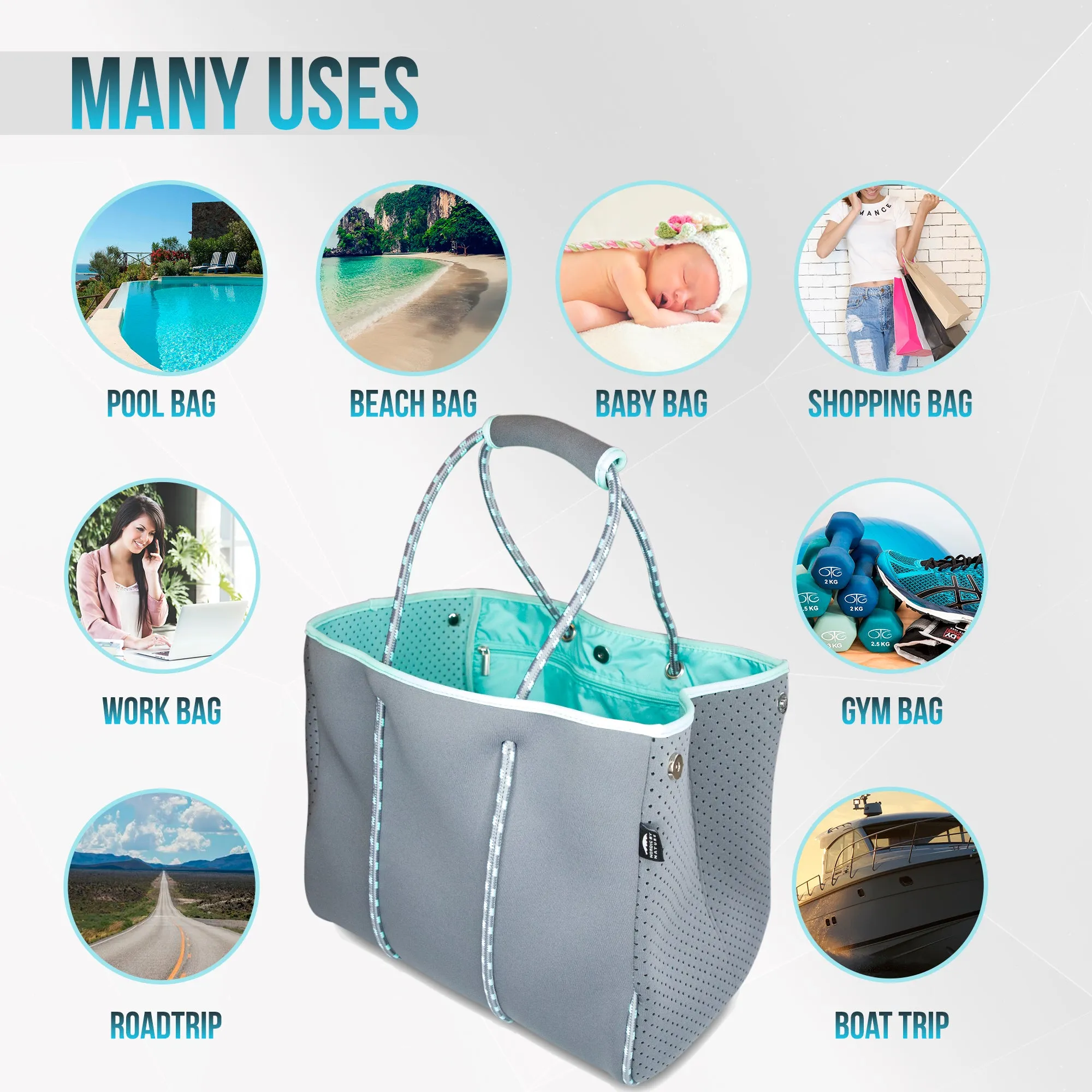 Beach Bag Tote - Grey-Turquoise