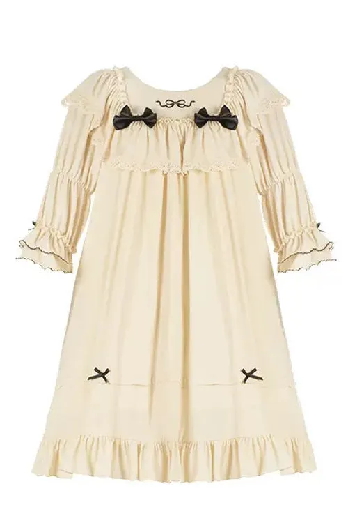 Beige Ruffled Square Collar Trumpet Sleeves Pillowside Fairy Tale Sweet Lolita Dress