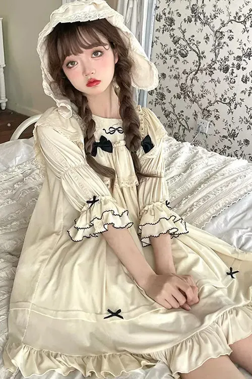 Beige Ruffled Square Collar Trumpet Sleeves Pillowside Fairy Tale Sweet Lolita Dress