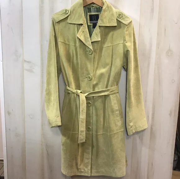 Bernardo Light Green Suede Leather Coat L Belted
