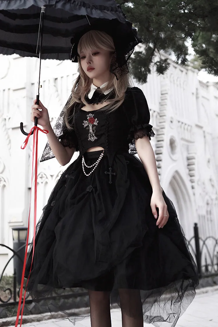 Black Rose Embroidered Cutout Top Irregular Short Sleeves Gothic Lolita Dress Set