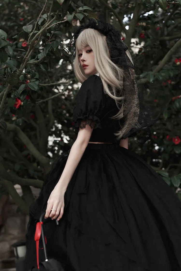 Black Rose Embroidered Cutout Top Irregular Short Sleeves Gothic Lolita Dress Set