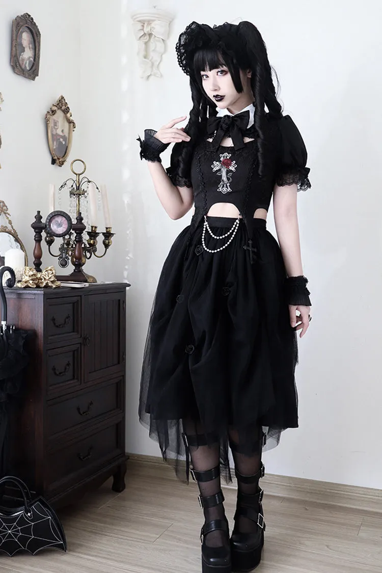 Black Rose Embroidered Cutout Top Irregular Short Sleeves Gothic Lolita Dress Set