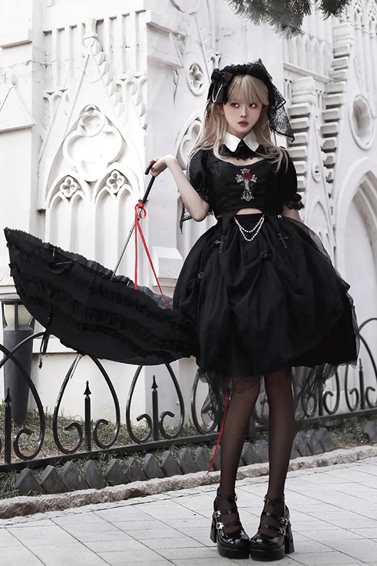 Black Rose Embroidered Cutout Top Irregular Short Sleeves Gothic Lolita Dress Set