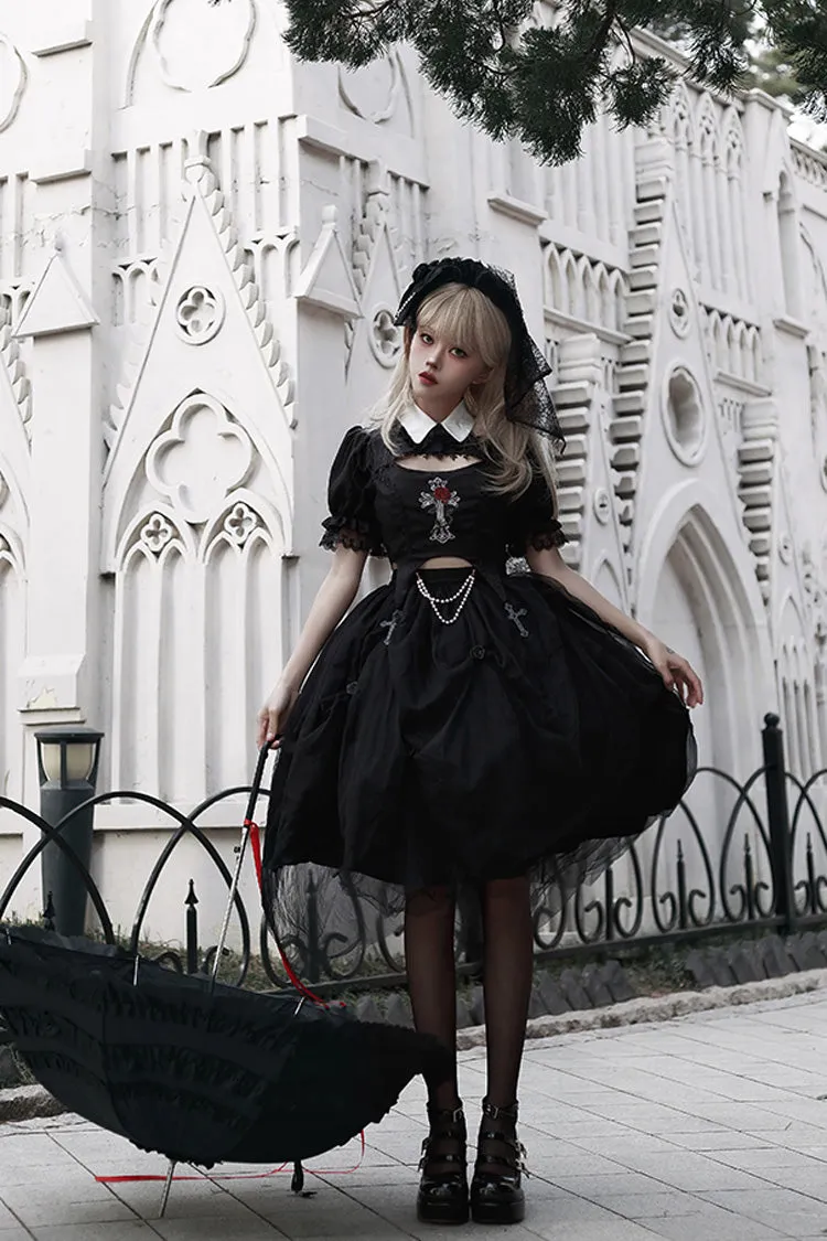 Black Rose Embroidered Cutout Top Irregular Short Sleeves Gothic Lolita Dress Set