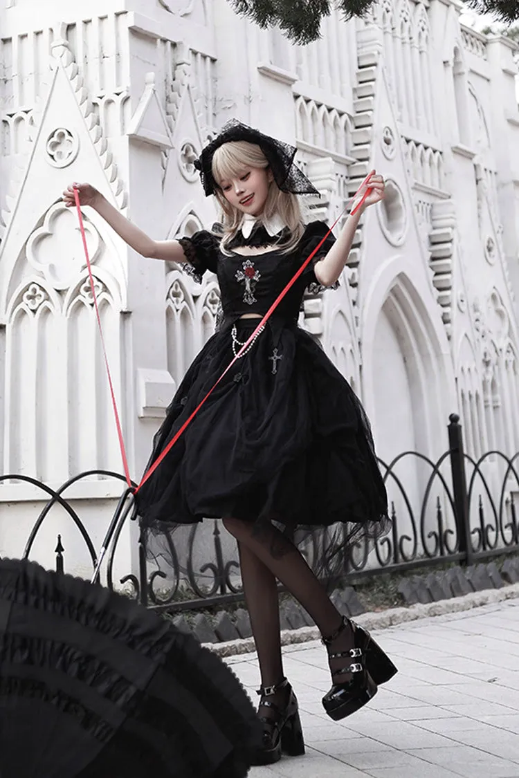 Black Rose Embroidered Cutout Top Irregular Short Sleeves Gothic Lolita Dress Set