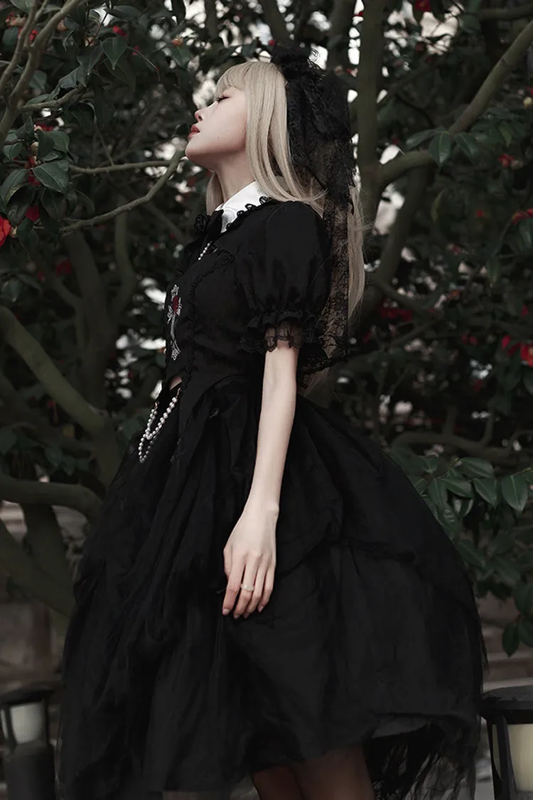 Black Rose Embroidered Cutout Top Irregular Short Sleeves Gothic Lolita Dress Set