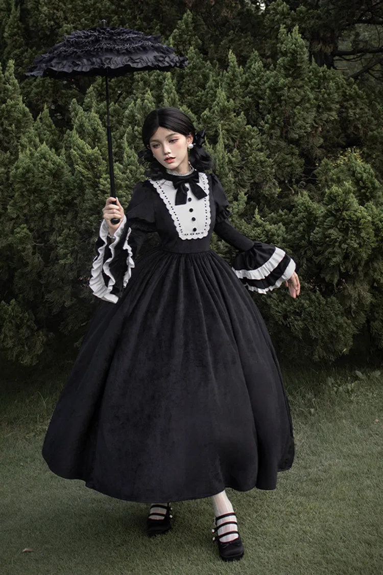 Black [Sleepless Night] Long Hime Sleeves Ruffle Bowknot Gothic Lolita Dress