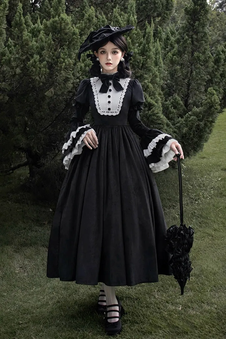 Black [Sleepless Night] Long Hime Sleeves Ruffle Bowknot Gothic Lolita Dress