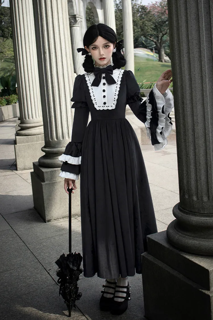 Black [Sleepless Night] Long Hime Sleeves Ruffle Bowknot Gothic Lolita Dress