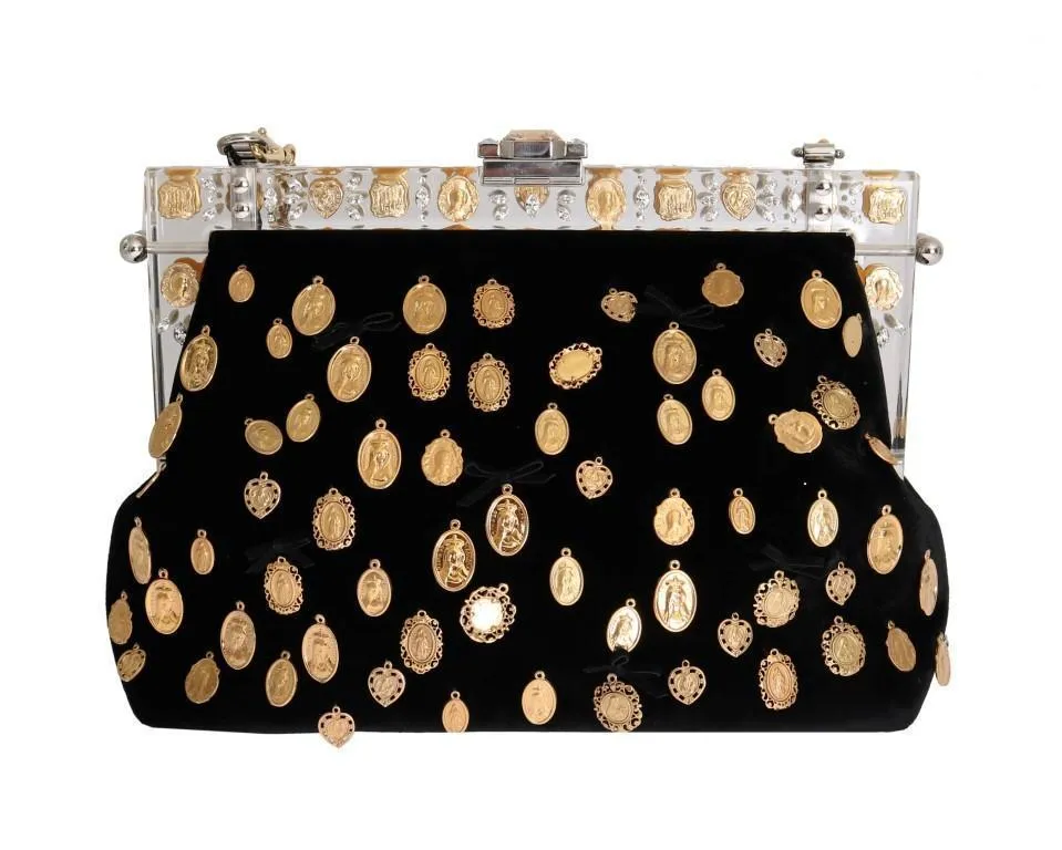 Black VANDA Velvet Gold Charms Crystal Bag