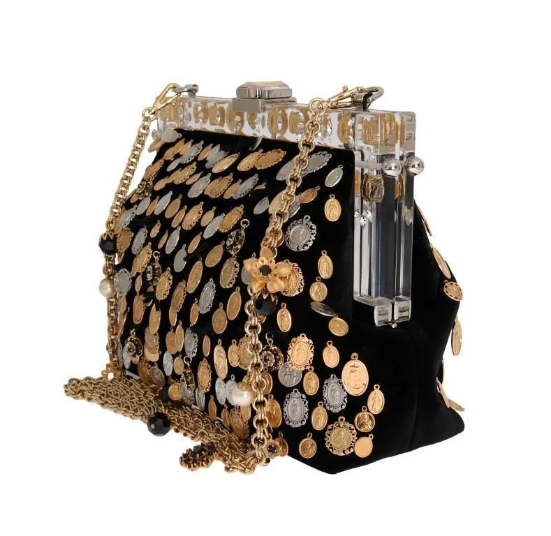Black VANDA Velvet Gold Charms Crystal Bag