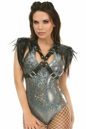 Black Vegan Leather Body Harness with Shoulder Fringe