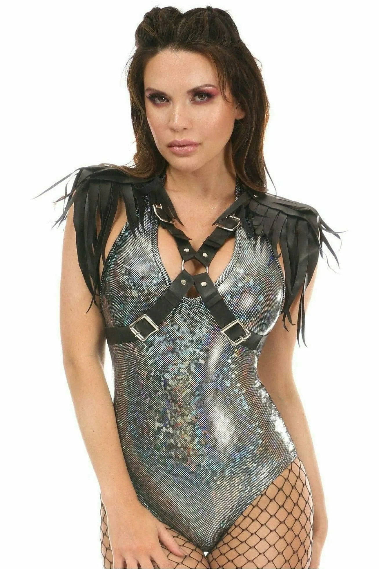 Black Vegan Leather Body Harness with Shoulder Fringe
