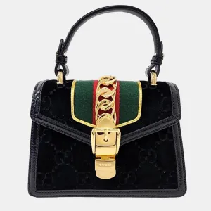 Black Velvet and Leather Mini Sylvie Top Handle Bag