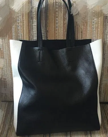 Black White Tote Black and White Leather Purse Two Tone Tote Leather Black and White Tote