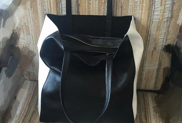 Black White Tote Black and White Leather Purse Two Tone Tote Leather Black and White Tote