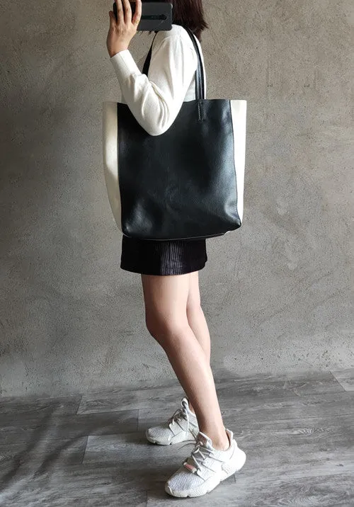 Black White Tote Black and White Leather Purse Two Tone Tote Leather Black and White Tote