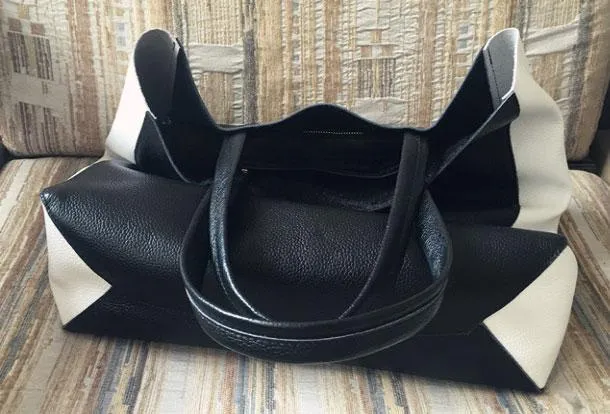 Black White Tote Black and White Leather Purse Two Tone Tote Leather Black and White Tote
