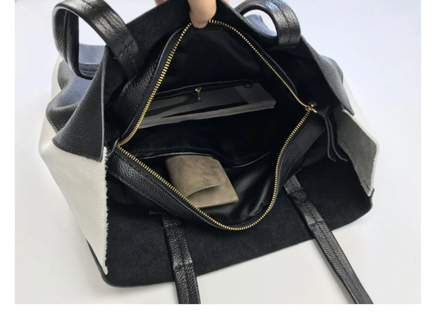 Black White Tote Black and White Leather Purse Two Tone Tote Leather Black and White Tote
