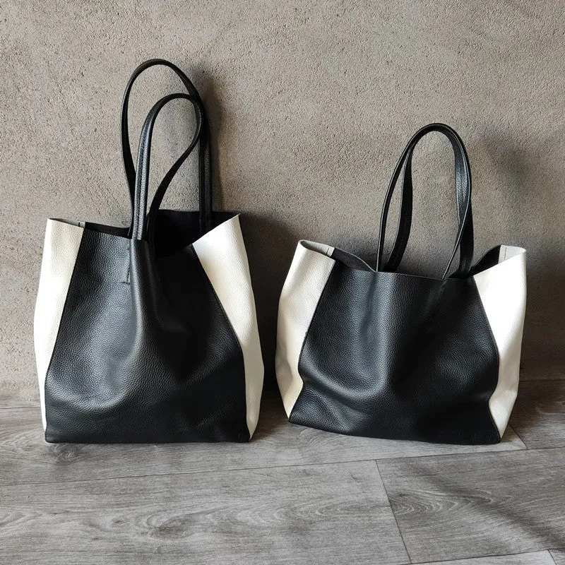 Black White Tote Black and White Leather Purse Two Tone Tote Leather Black and White Tote